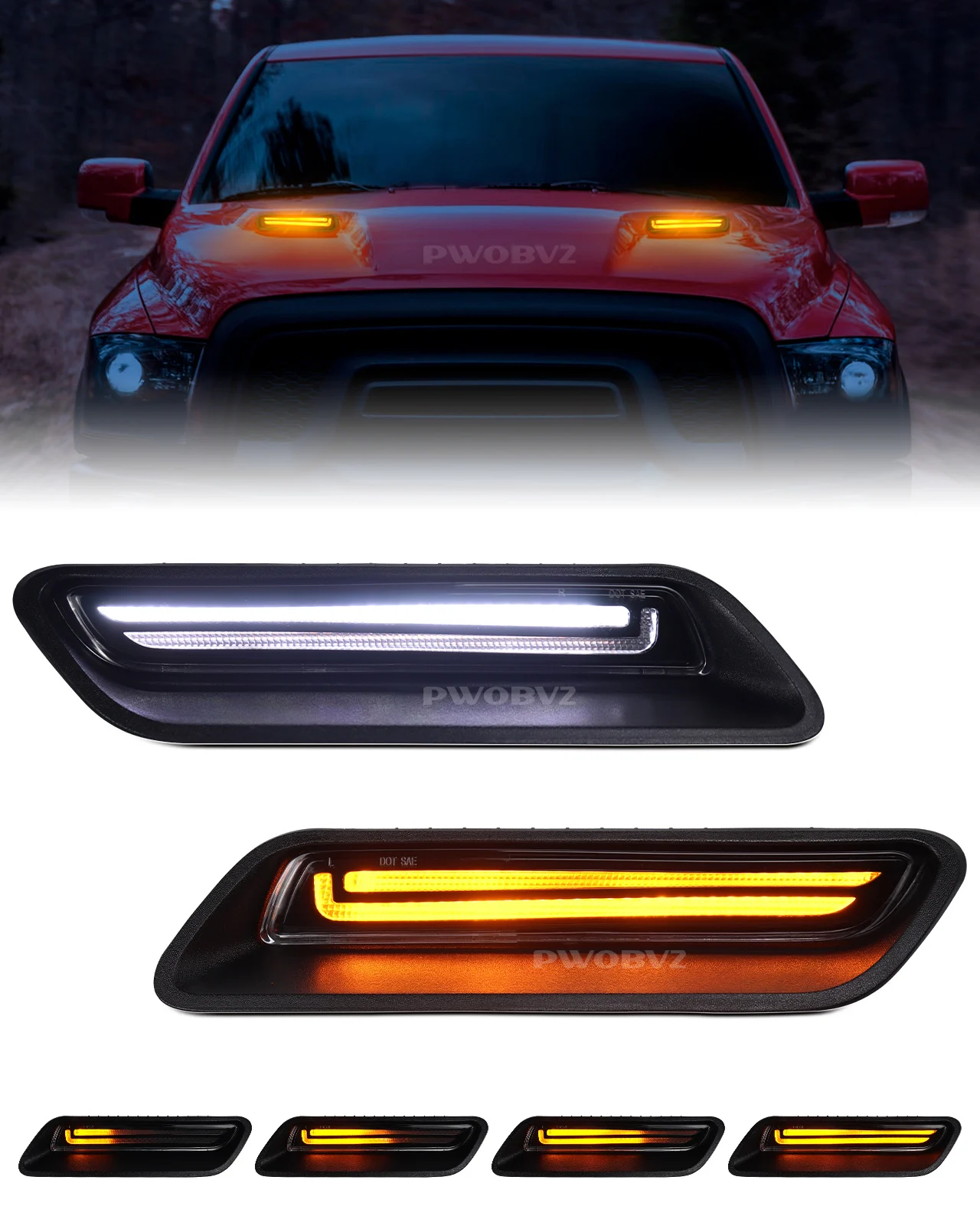 LED Hood Vent Scoop Light Dynamic Amber Turn Signal Light White Position Light for 2010-2018 Ram 1500/2019-2023 Ram 1500 Classic