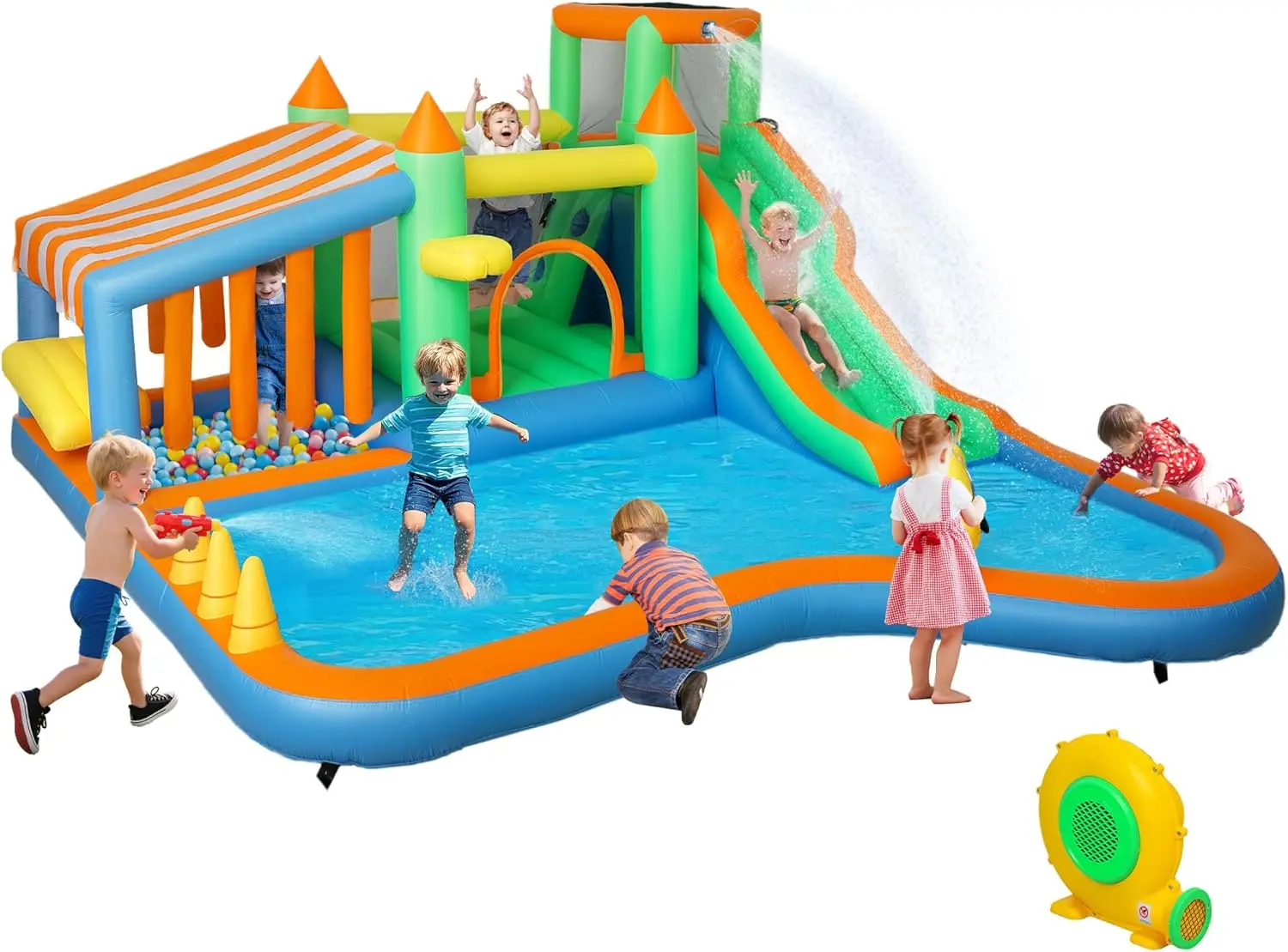 8-in-1 Inflatable Water Park with Large Splash Pool, 550W High-Power Blower, Ball Pit, Water Cannon, Climbing Wall, Toss Ring, and Basketball Hoop