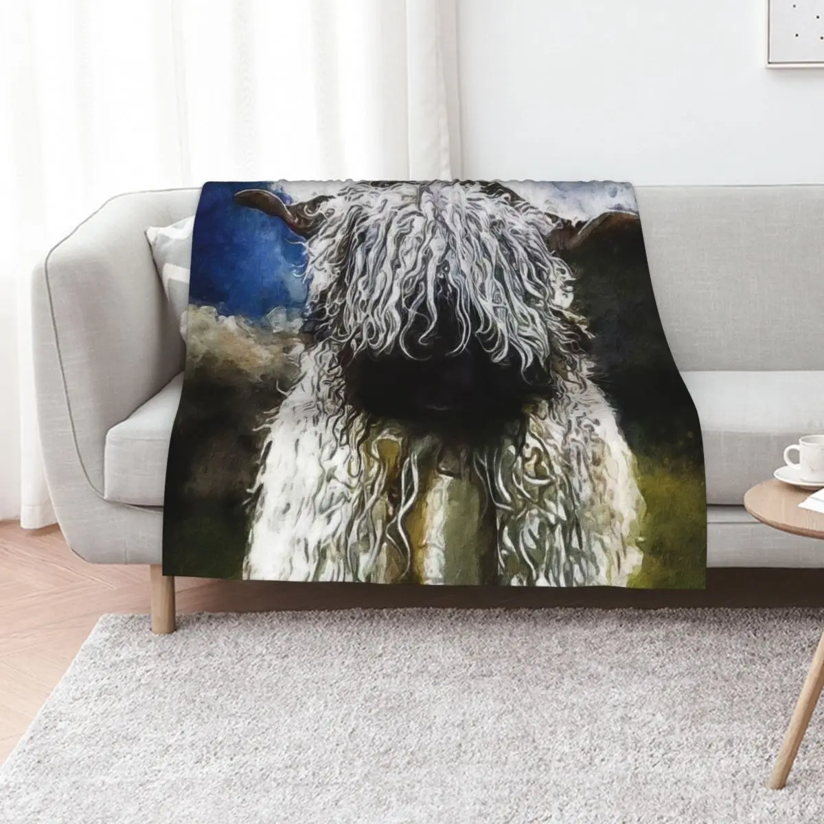 Swiss Valais Blacknose Sheep, Valais Blacknose Sheep Art, Cute Swiss Sheep Farm Animal Portrait, Adorable Swiss Va Throw Blanket