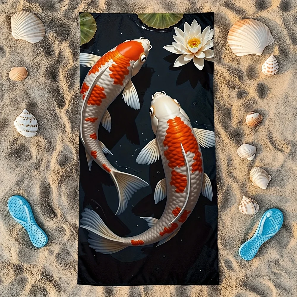 Koi Fish Lotus Beach Towel Patterned Sunscreen And Windproof Suitable For Swimming Pool Camping Travel Blanket