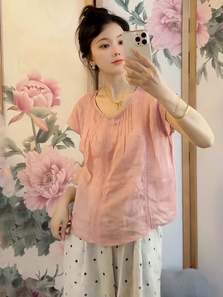 

Льняная женская свободная блузка с круглым вырезом, скрывающая недостатки фигуры, стройнящая, для утонченного образа, молодежная, модная, для повседневной носки, с коротким рукавом