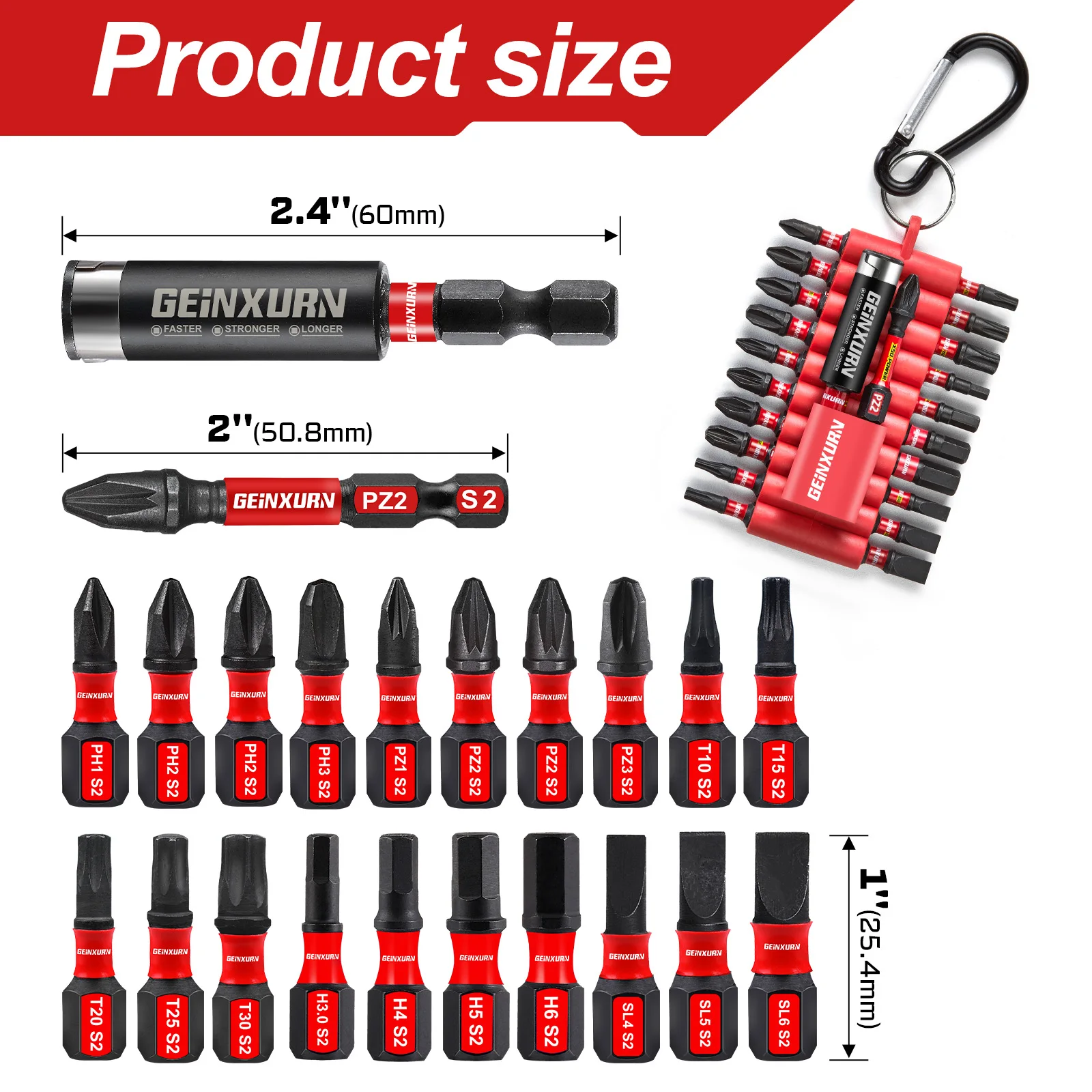 Geinxurn 22PCS Mixed 1”/2” HEX/Pozi/Phillips/Torx/SLOTTED Magnetic S2 Steel Multi Cross Driver Bits,1 Pc Bit Holder with