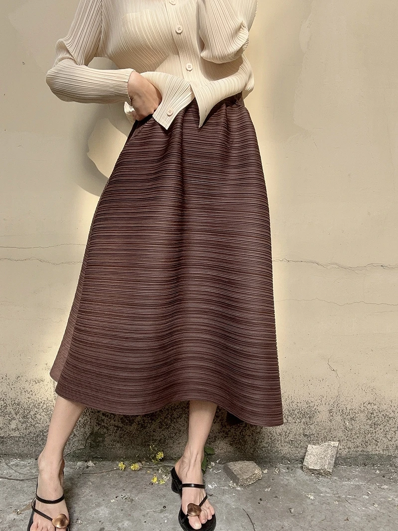 Miyake Pleated Horizontal Simple Elegant Loose Skirt Women 2023 New Korean Fashion High Waisted Plus Size Skirts