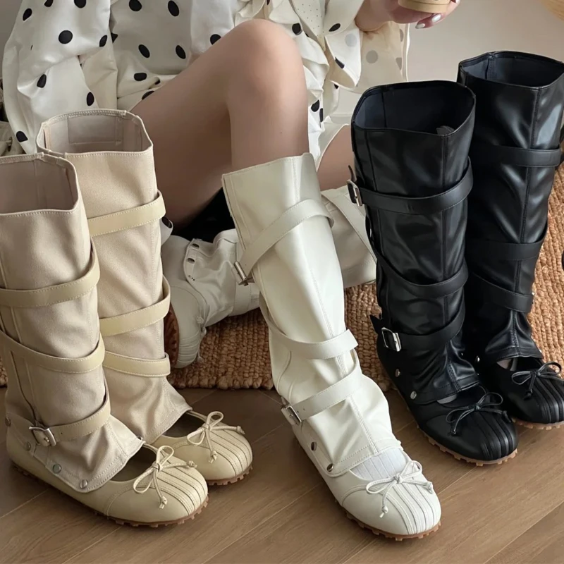 

Superfiber Material, Dual-Wear Detachable Boot Shaft Women's Shoes, Bowknot Studded Round-Toe Ballet Flats, Sweet and Cool Retro Stacked Bootshoes, Soft Sole, Non-Slip, Slimming, Comfortable, Multi-Color Versatile Spring and Autumn Commuter Casual Women's