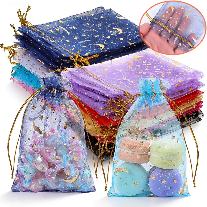 5/10/20pcs Moon Star Organza Jewelry Candy Bags with Drawstring For Wedding Party Event Jewelry Packing DIY Gifts Pouches
