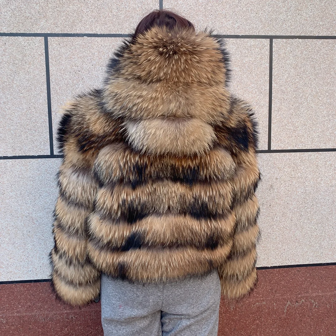 New Women's Raccoon Fur Coat Luxury Multiple Short and Hooded Natural Raccoon Fur Women's Jacket Winter