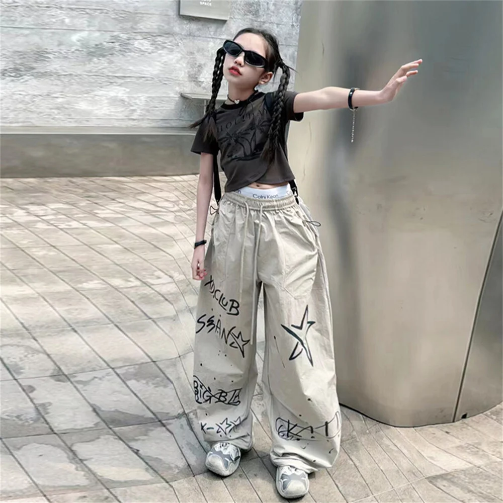 2475 Coconut Tree Print Summer Youngsters Street Dance Pants Children\'s Casual Girls Cargo Pants Korea Wide Leg Pants