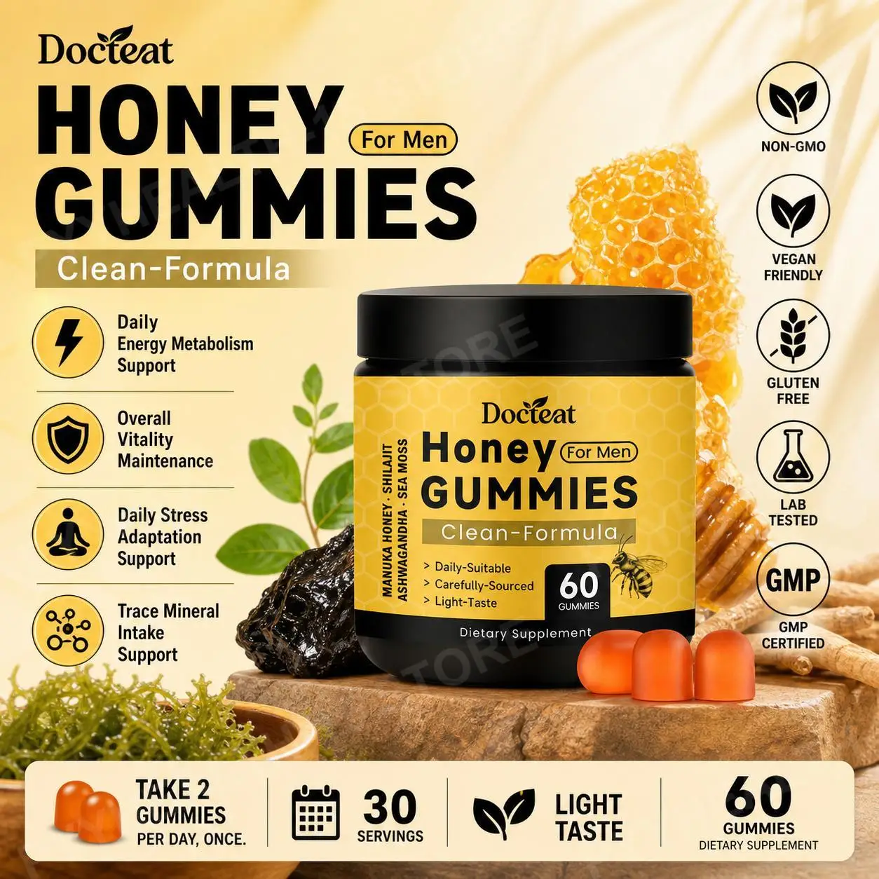 Docteat Honey for Men Gummies with Shilajit Sea Moss Manuka Honey and Ashwagandha for Daily Stress Adaptation Support 60 Gummies