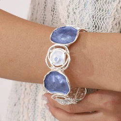 Fashion Drip Oil Flower Elastic Bracelet for Women Accessories New Trendy Silver Color Bangle Daily Party Prom Jewelry Gifts