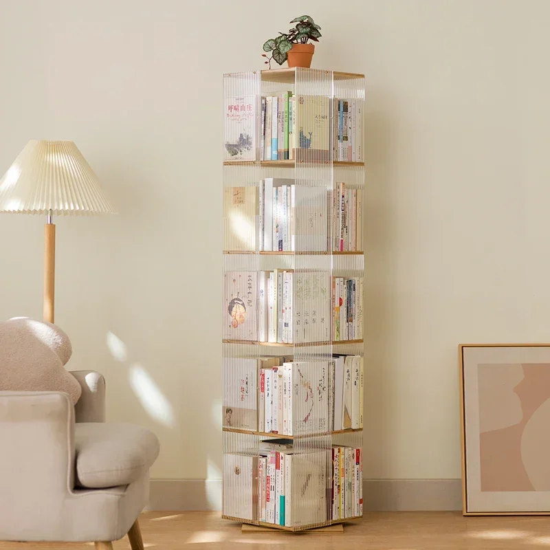 360 degree rotating bookshelf transparent bookcase children's picture book storage rack home student simple floor shelf