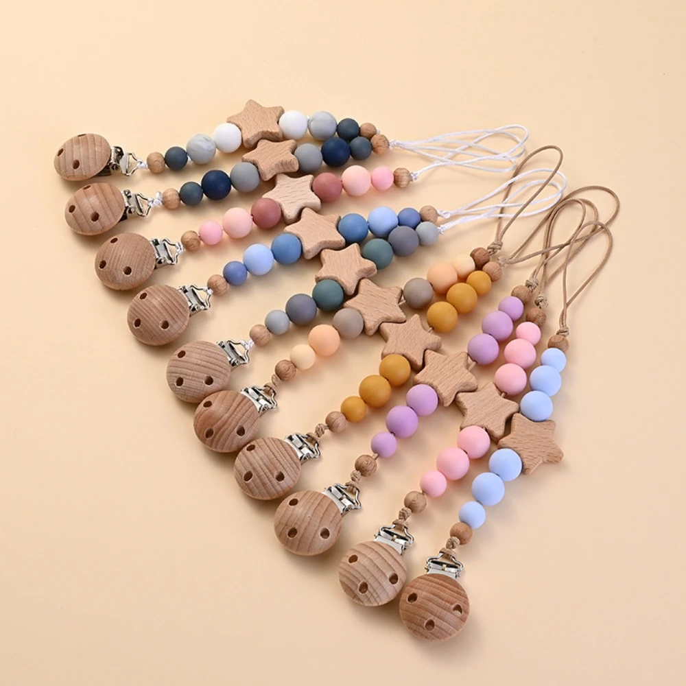 

New Hot Premium Baby Safe Pacifier Leashes Clips Chain Pentagram Wood Silicone Teething Newborn Toys Dummy Nipple Holder Bead