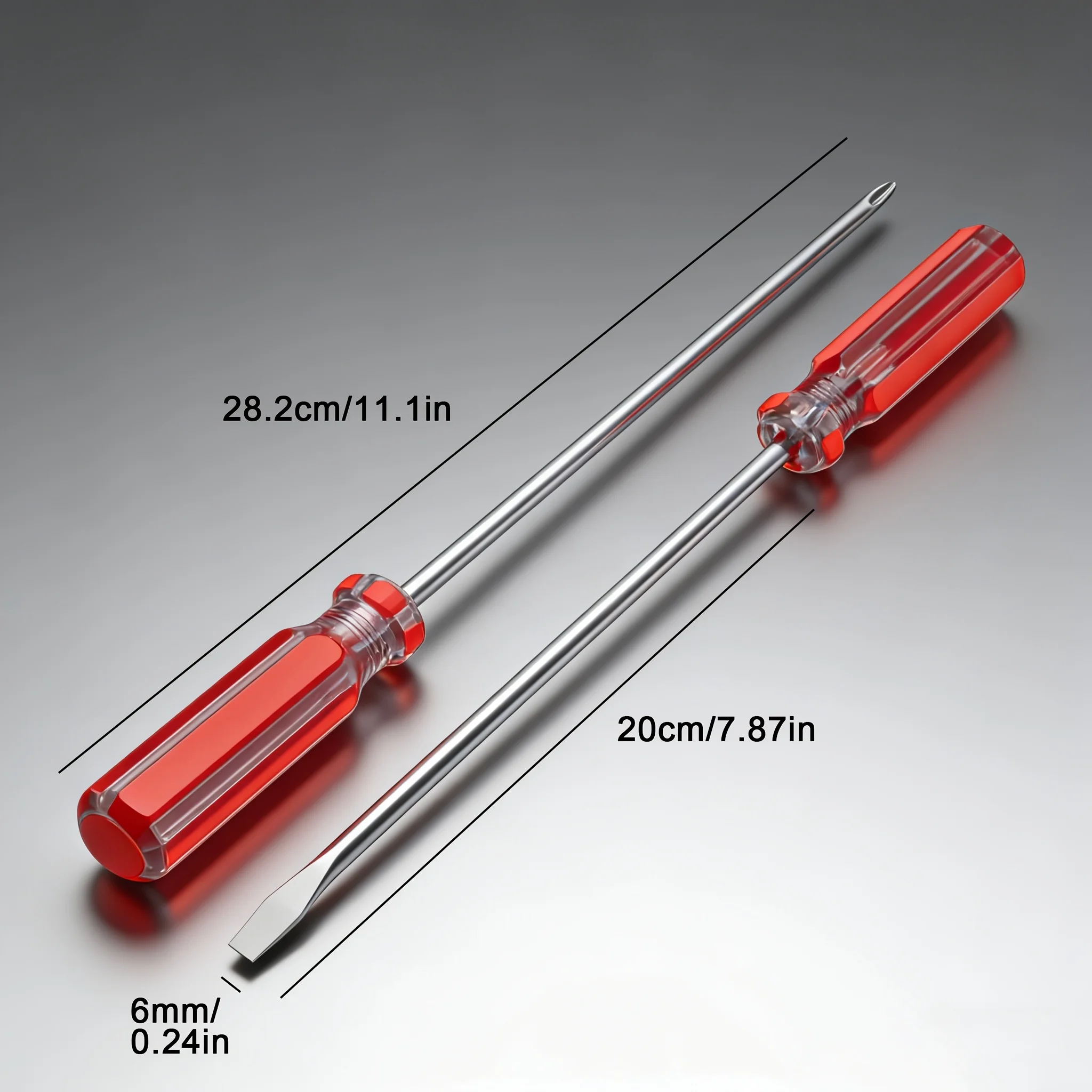 2Pcs Extra Long Straight Screwdriver Set,High Hardness Steel Transparent Red Non-SlipHandle,for Auto Repair and Home Maintenance