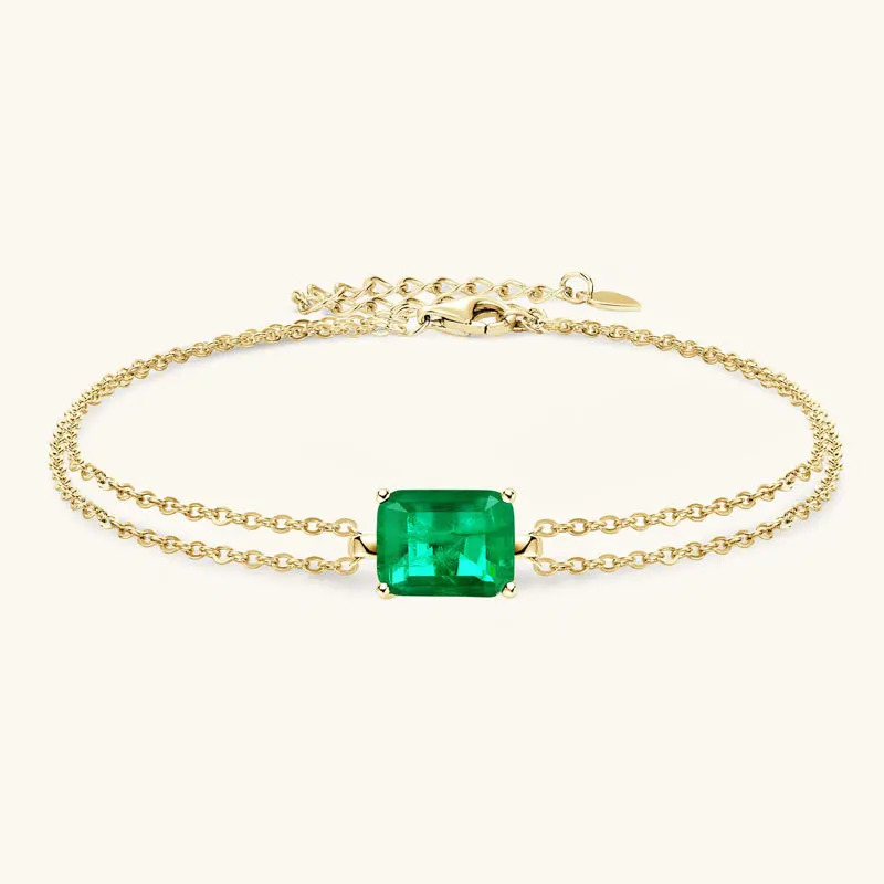 S925 Sterling Silver Rectangle Cut Synthetic Emerald Bracelet Women Adjustable Fine Jewelry