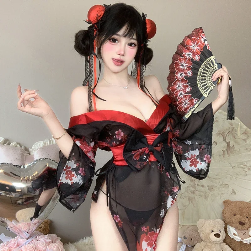 

Сексуальное нижнее белье-кимоно для женщин, прозрачный сетчатый халат в японском стиле с поясом, эротический костюм для косплея, женская одежда для ночного клуба