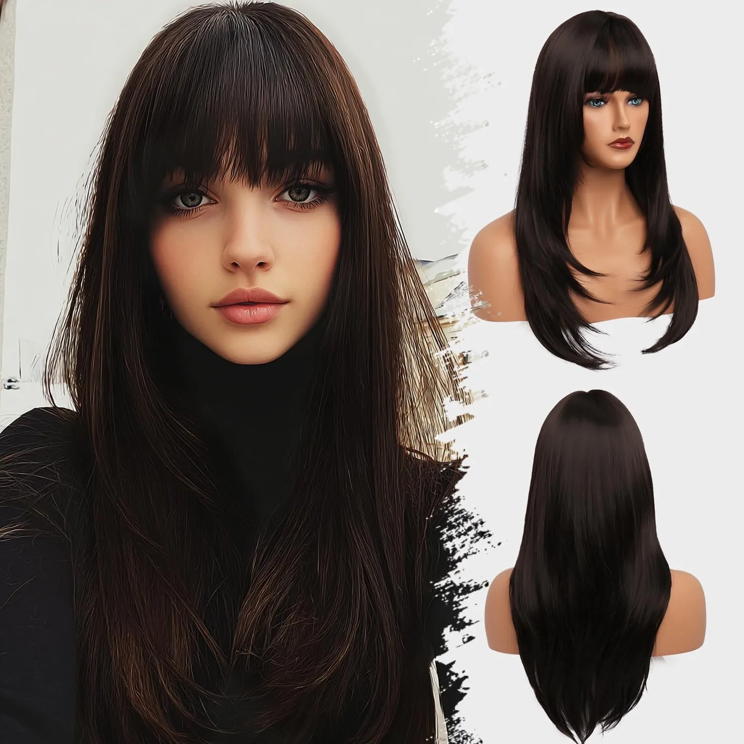 

Brown Wig With Bangs Long Wavy Straight Wig with Layered Hair Synthetic Heat ...