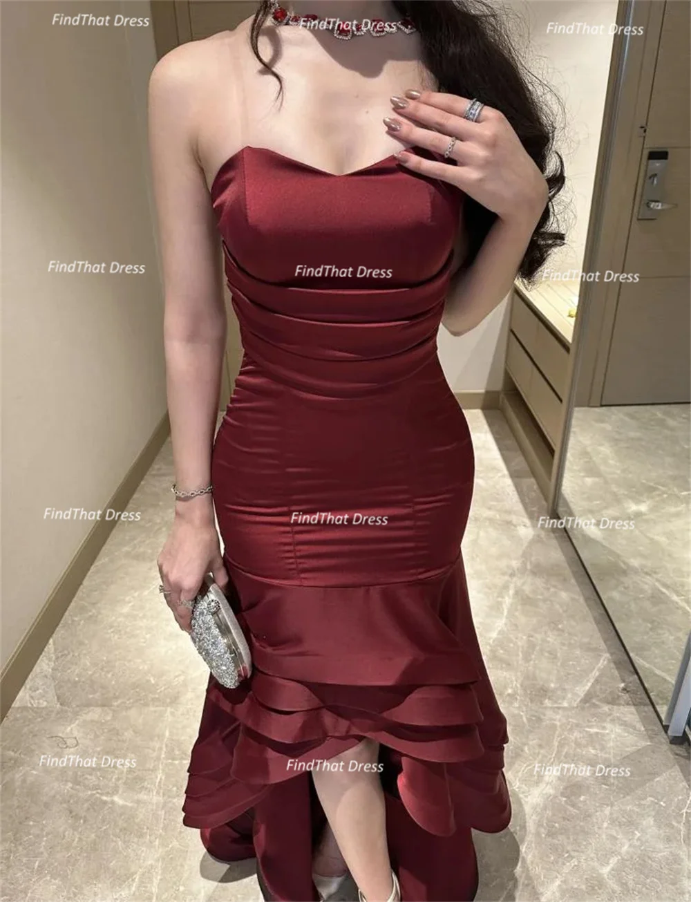 Customized Classic Strapless Tiered Ruffles Evening Dress Sexy Sheath Backless Party Dress High Low  شارون سعيد