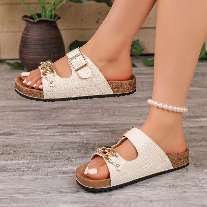 Ladies Black Open Toe Slide Sandals 2.5CM Cork Platform Metal Chain & Buckle Detail Slip on Summer Daily Casual Beach Shoes