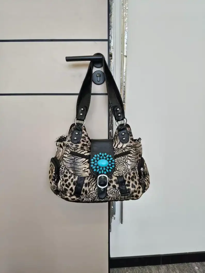 Large Capacity Multi Pocket Streetwear Bag Y2K Leopard Tiger Print Shoulder Bag for Women Bohemian Turquoise Gem Decor Handbag