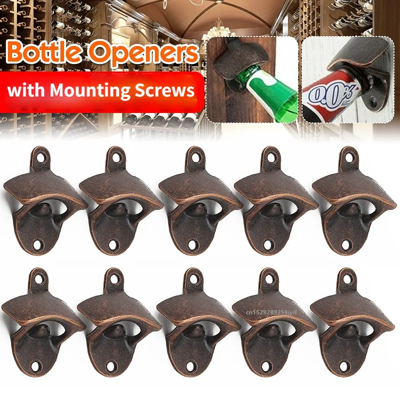 5pcs/10pcs Retro Vintage Bottle Opener with Mounting Screws Wall Mounted Rustic Beer Opener Set for Kitchen Cafe Bars