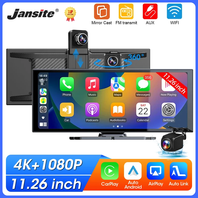 11.26 inch 4K Dash Cam Car DVR Wireless Carplay Android Auto Touch Screen Video Camera Recorder Dashboard BT5.0 FM AUX GPS