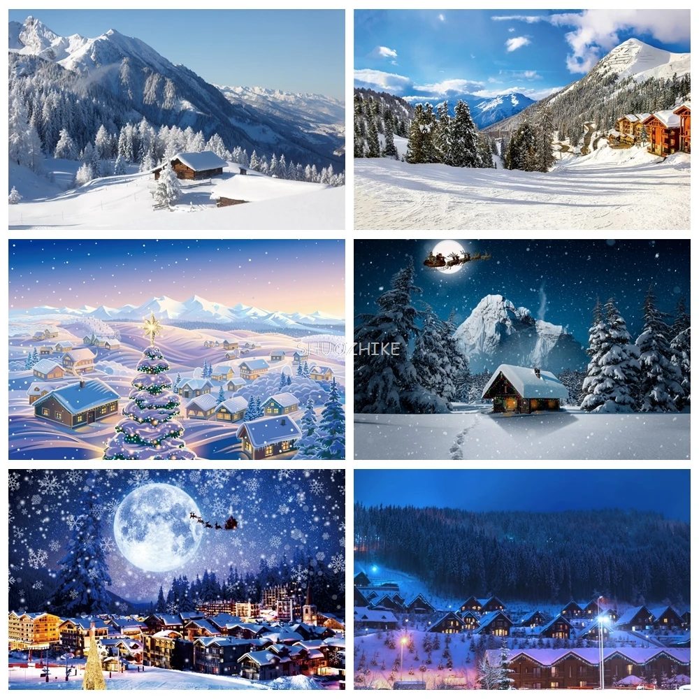 

Winter Christmas Village Background Xmas Rustic House Snow City Town Mountain Photo Backdrop Christmas Holiday Shooting Props