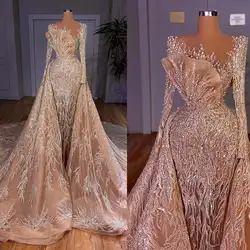 Gorgeous Evening Dresses Mermaid Crystal Sequins Detachable train Long Sleeve Prom Gown Party Dress Vestido De Noite Customized