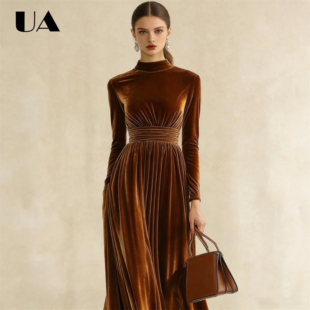 Fluwelen lange avondjurk voor dames, hoge hals, lange mouwen, ruches in de taille, vloeiende maxi-silhouet, formele jurk voor cocktailgala