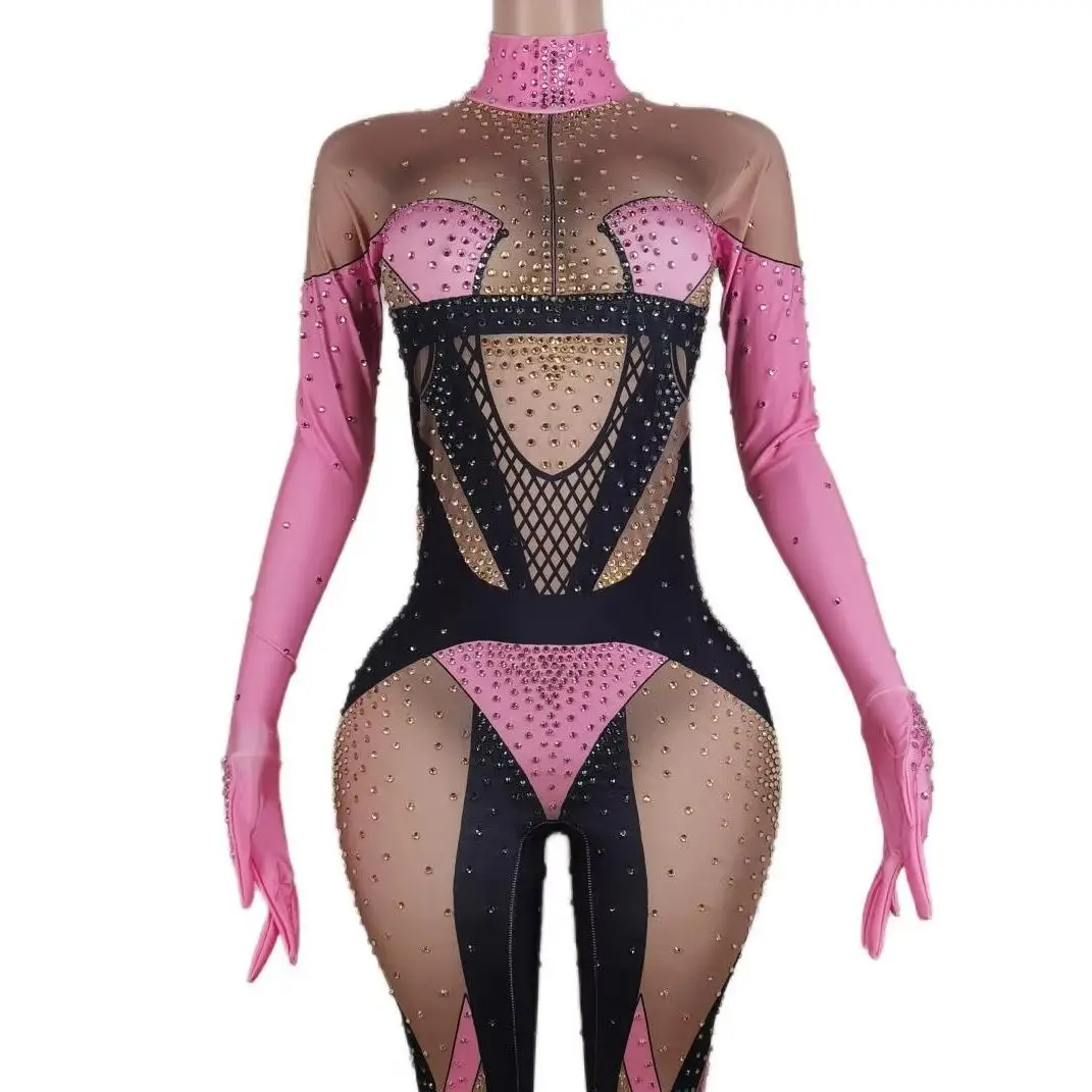 Pink Spandex Stones Jumpsuit with Gloves Female Singer Performance Bodysuit Birthday Celebrate Leggings Outfit Fenmo