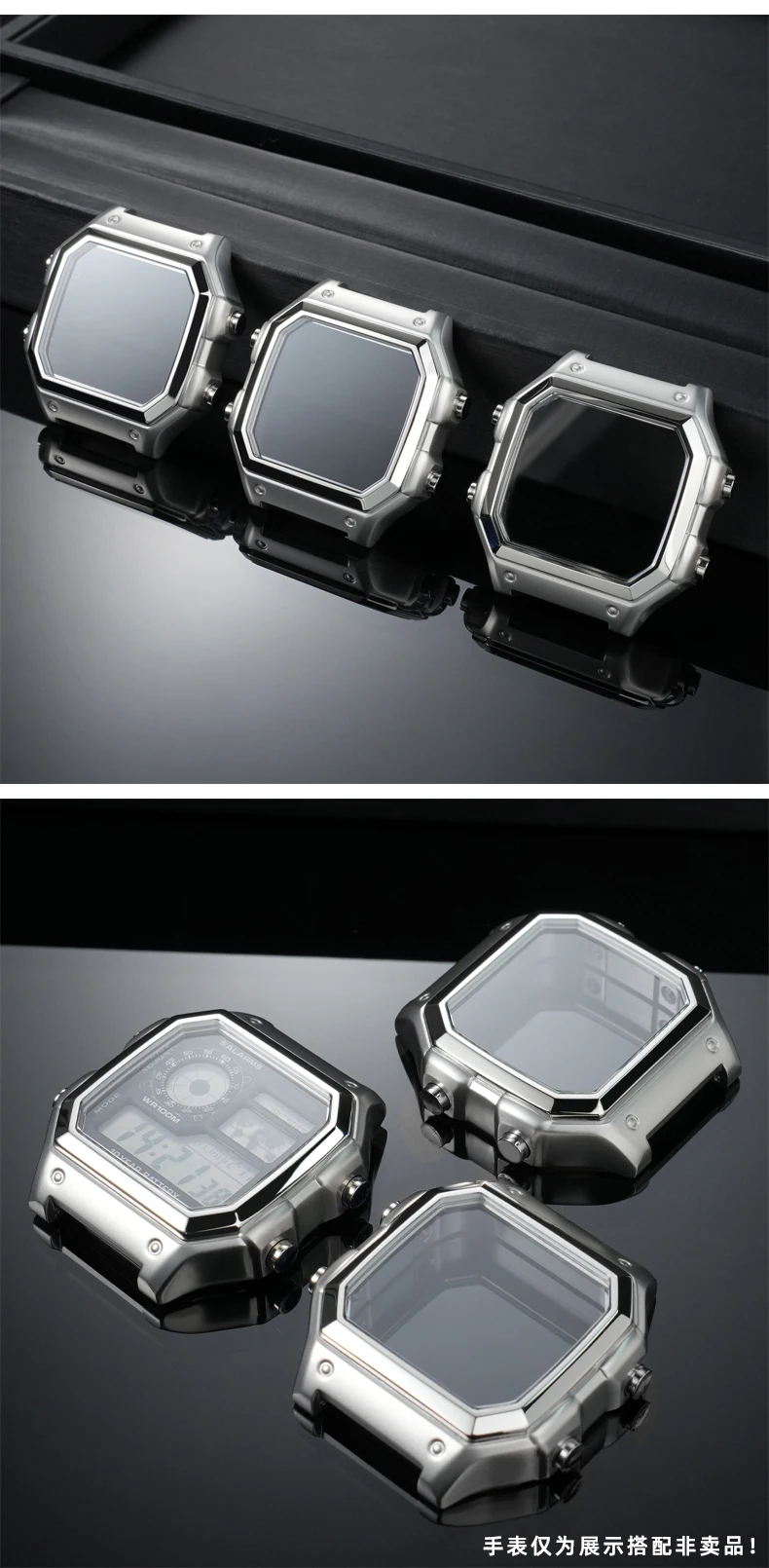 Für Casio 3299 AE-1200WH Uhrengehäuse, modifiziertes AE1200 Edelstahl-Uhrengehäuse, Metallgehäuse mit wasserdichtem Ring, Schwarz und Silber – Detail 10