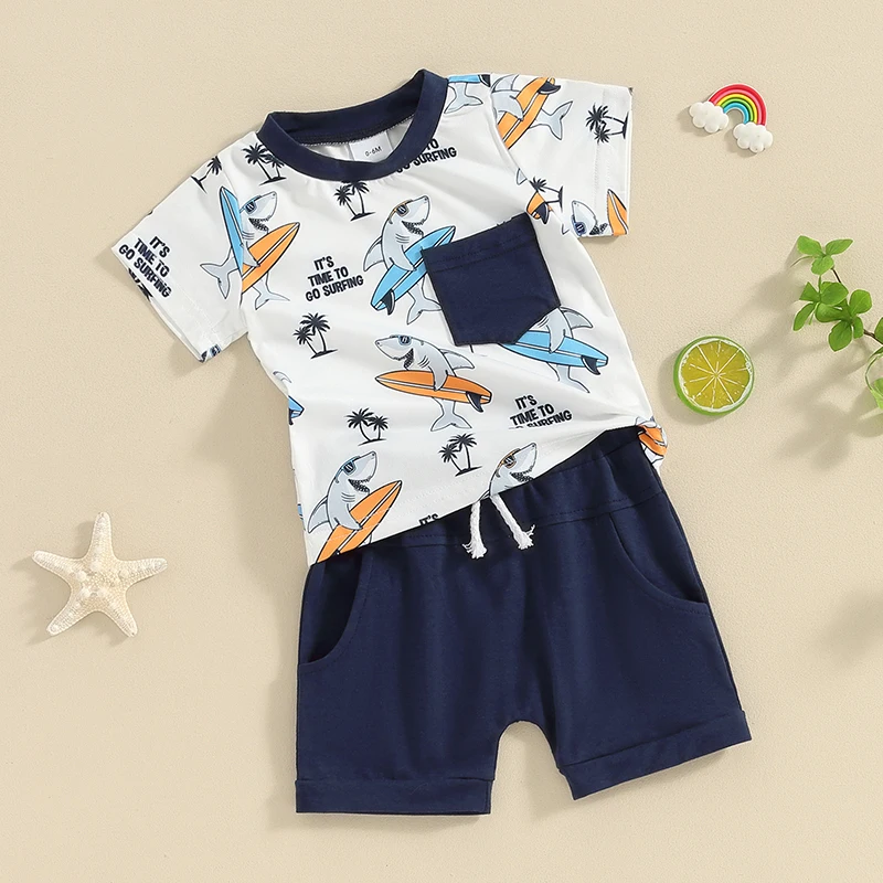 Toddler Boys Summer Outfits Beach Style Shark Tree Print Short Sleeve T-Shirts Tops and Shorts 2Pcs Clothes Set