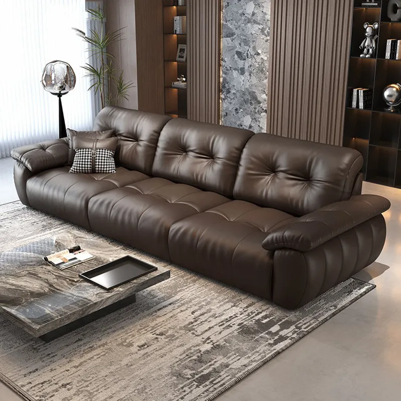Italian minimalist cloud man leather sofa living room light luxury modern style home straight row first layer cowhide sofa