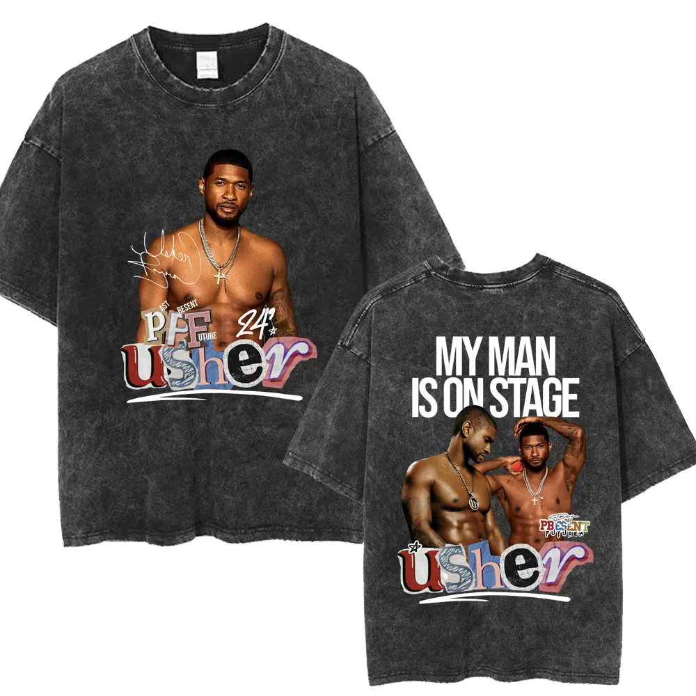 Usher Past Resent Future 2024 Tour Washed T Shirt Hip Hop Retro Harajuku Tshirt Men Women Loose High Quality Cotton Street Tees image 2