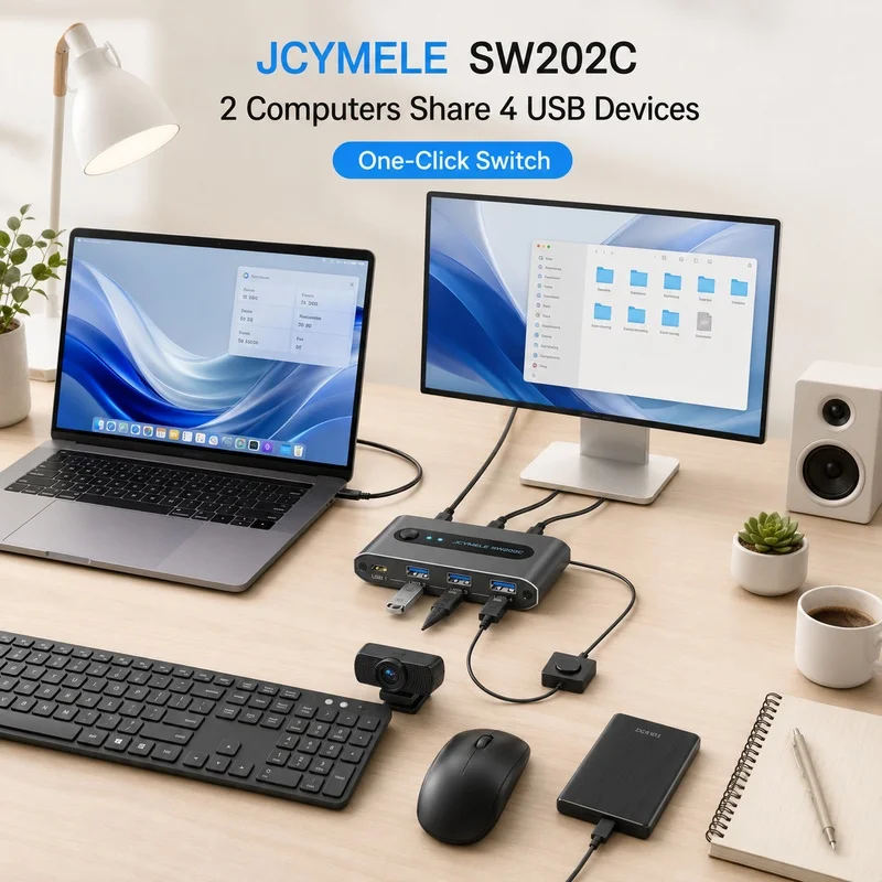 2-PC 4-Device USB 3.2 Switcher 10Gbps, USB-C Sharing Selector Hub for Keyboard Mouse Printer Webcam Desktop JCYMELE