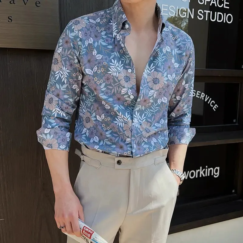 French Big Collar Shirt Men Long Sleeve Ice Silk Printed Blouse Casual Menswear