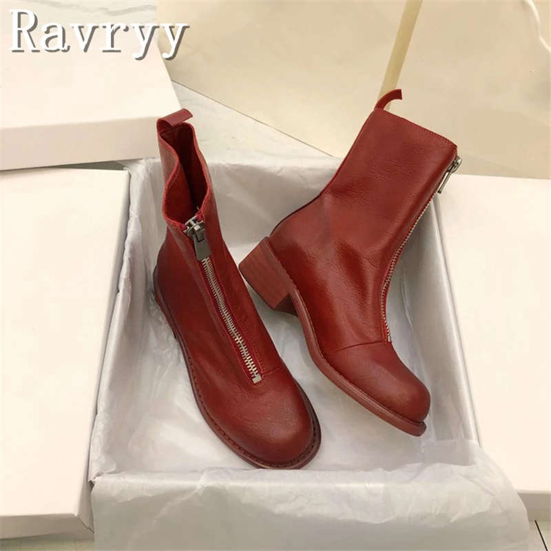 New Front Zippers Boots for Women Round Toe Thick Heels Leather Ankle Boots Solid Color Female Luxury Brand Footwear