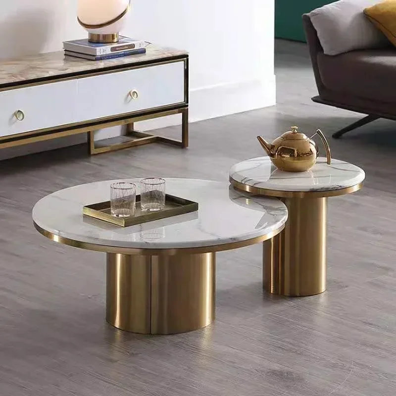 wholesale modern round coffee table set 2  luxury marble top gold stainless steel living room center table with side table