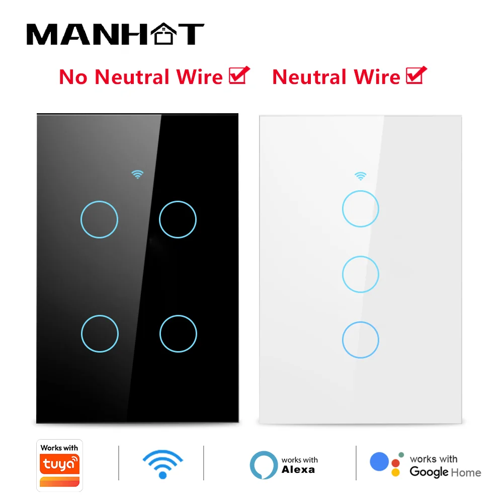 Interruptor de Parede Inteligente Tuya WIFI Sem Fio, Sem Necessidade de Fio Neutro, Interruptor de Luz LED Sem Fio com Suporte para Alexa