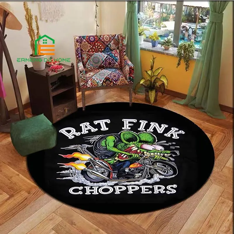 Cartoon Rat Fink Pattern Flannel Round Rug for Bedroom Non-slip Carpets for Living Room Kitchen Mats for Floor 5 Sizes