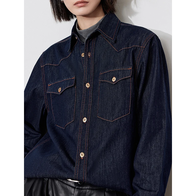 TOYOUTH Women Denim Blouse Shirt 2024 Autumn New Long Sleeved Turn Down Collar Steetwear Fashion Shirt Tops