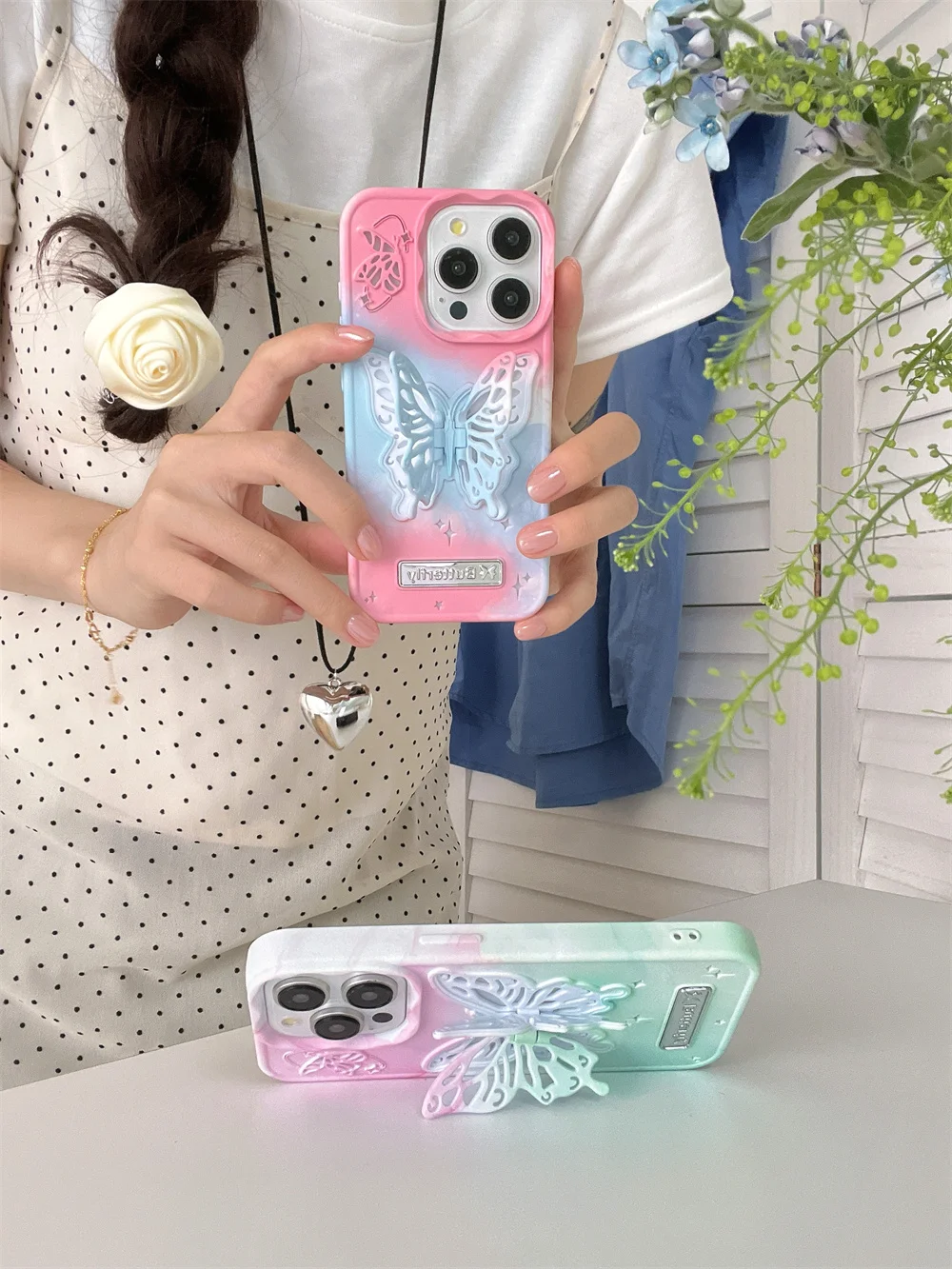 Cubic Butterfly Bracket Gradient Case for iPhone 15 Pro Max 11 12 13 14 15 Pro Max Fashion Stand Shockproof Cover iphone 11 Case