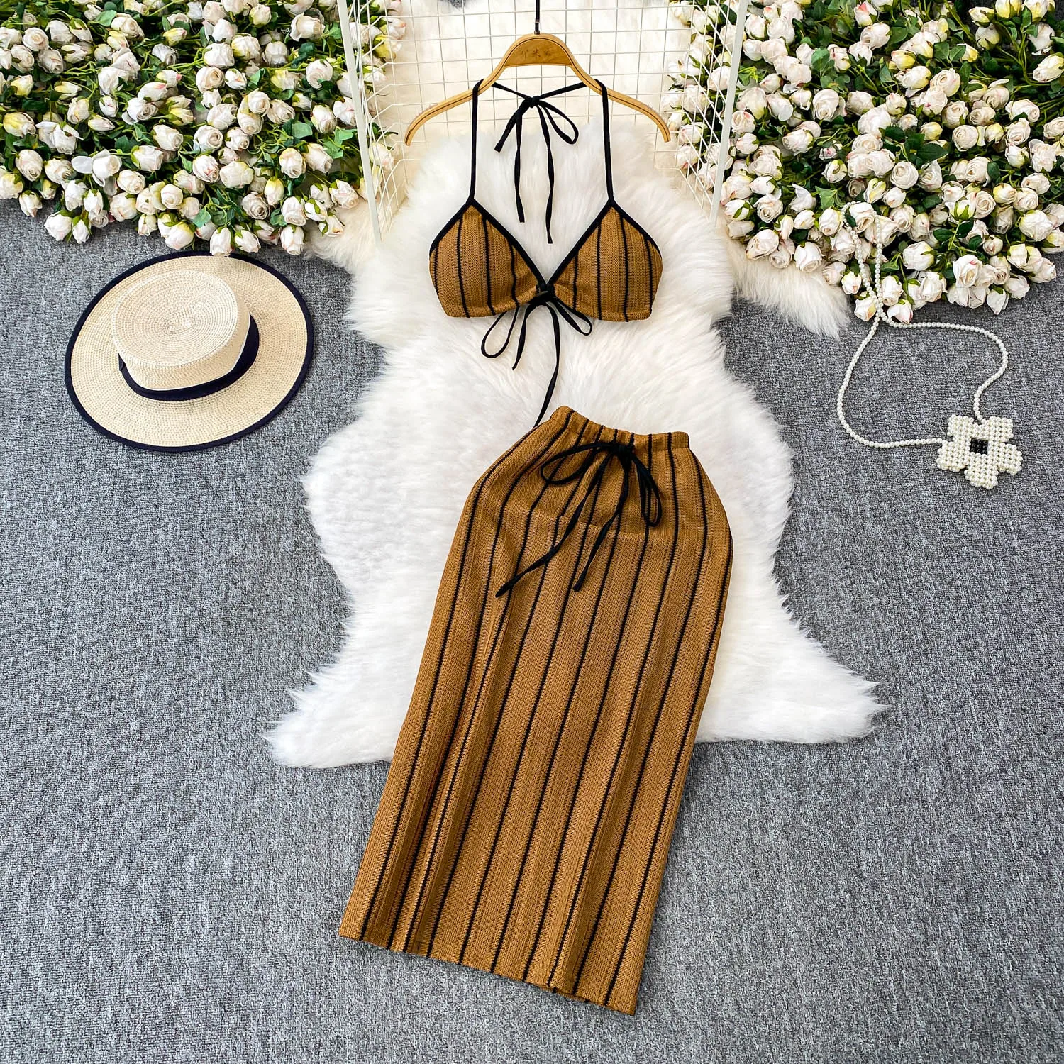 

Шикарный винтажный вязаный полосатый элегантный сказочный корейский модный сарафан в стиле бохо, летняя пляжная женская одежда