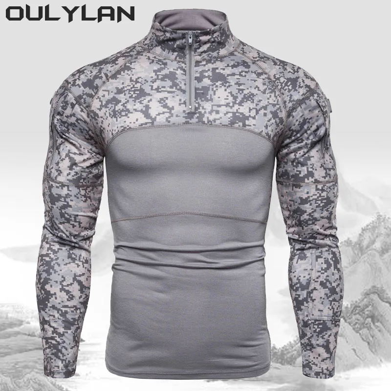 2024 Men's Military T-shirt Outdoor Elastic Fitness Camo Tactical Tops Long sleeved T-shirt Men Zipper Pocket Clothing