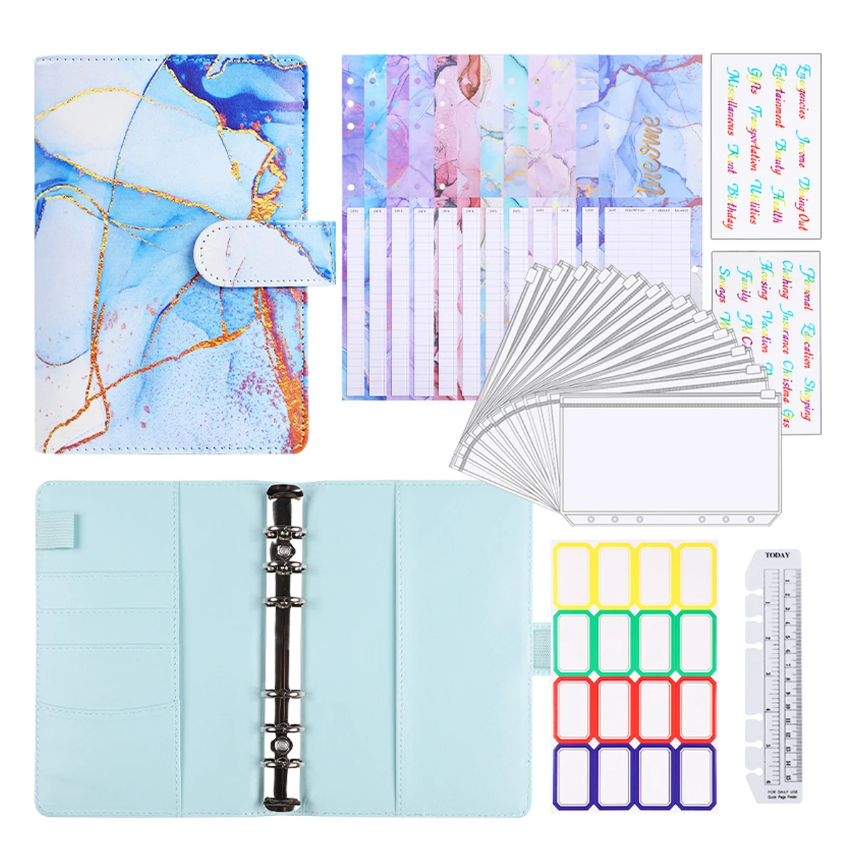 A6 Marble Colorful Money Budget Planner Binder Envelopes Cash Notebook Cover for Budgeting Money Organizer for Budget Binder