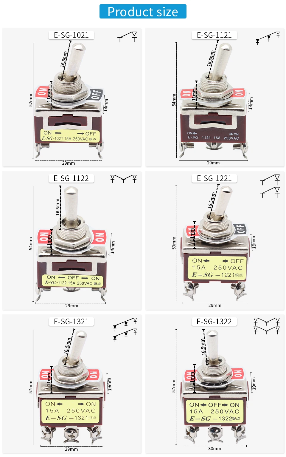 OMCH 1/5/10PCS 15A 250VAC Silber Kontakt Kippschalter E-SG Serie 2/3/4/6/8/9/12 Pin 2/3 Gang Selbst Reset/Selbstsperre – Detail 5