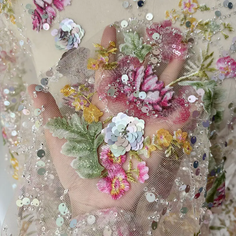 Beautiful embroidery bead tube sequin embroidery mesh lace fabric sewing wedding dress design fabric diy embroidery nail beads