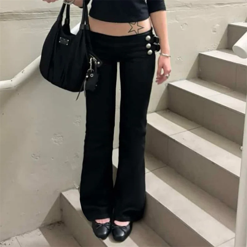 Goth Dark Cyber Y2K Fashion Metal Button Decor Flare Pants Slim Streetwear Mall Gothic Low Waist Zip Trousers Women Casual Pant