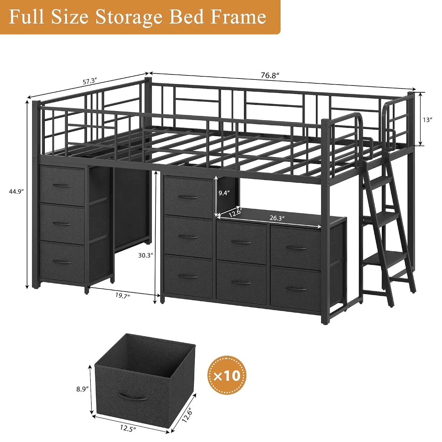 Full Low Loft Bed with 10 Drawers, Bookcase & 13