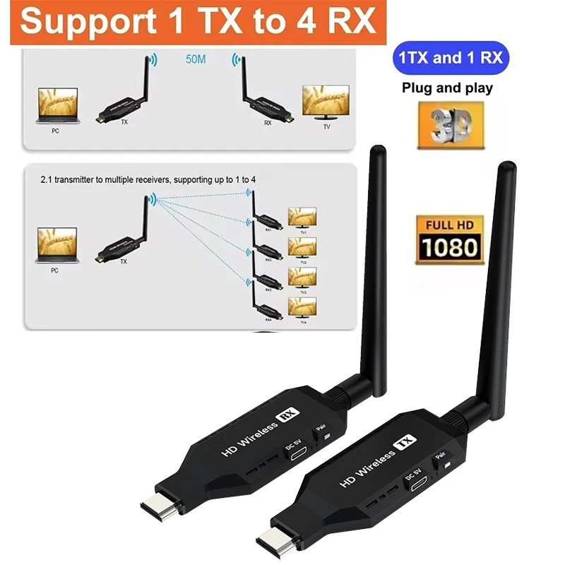 Wireless HDMI-compatible Extender 50M 1080P Video Transmitter Receiver Screen Share Display Adapter for Camera PC TV Projector