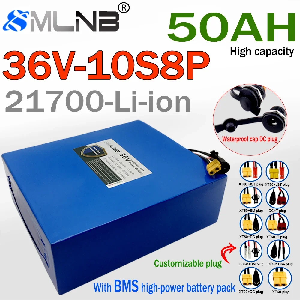 

21700 10S8P 36V 50AH lithium battery pack, 1500W high-power built-in BMS, suitable for various energy storage backup