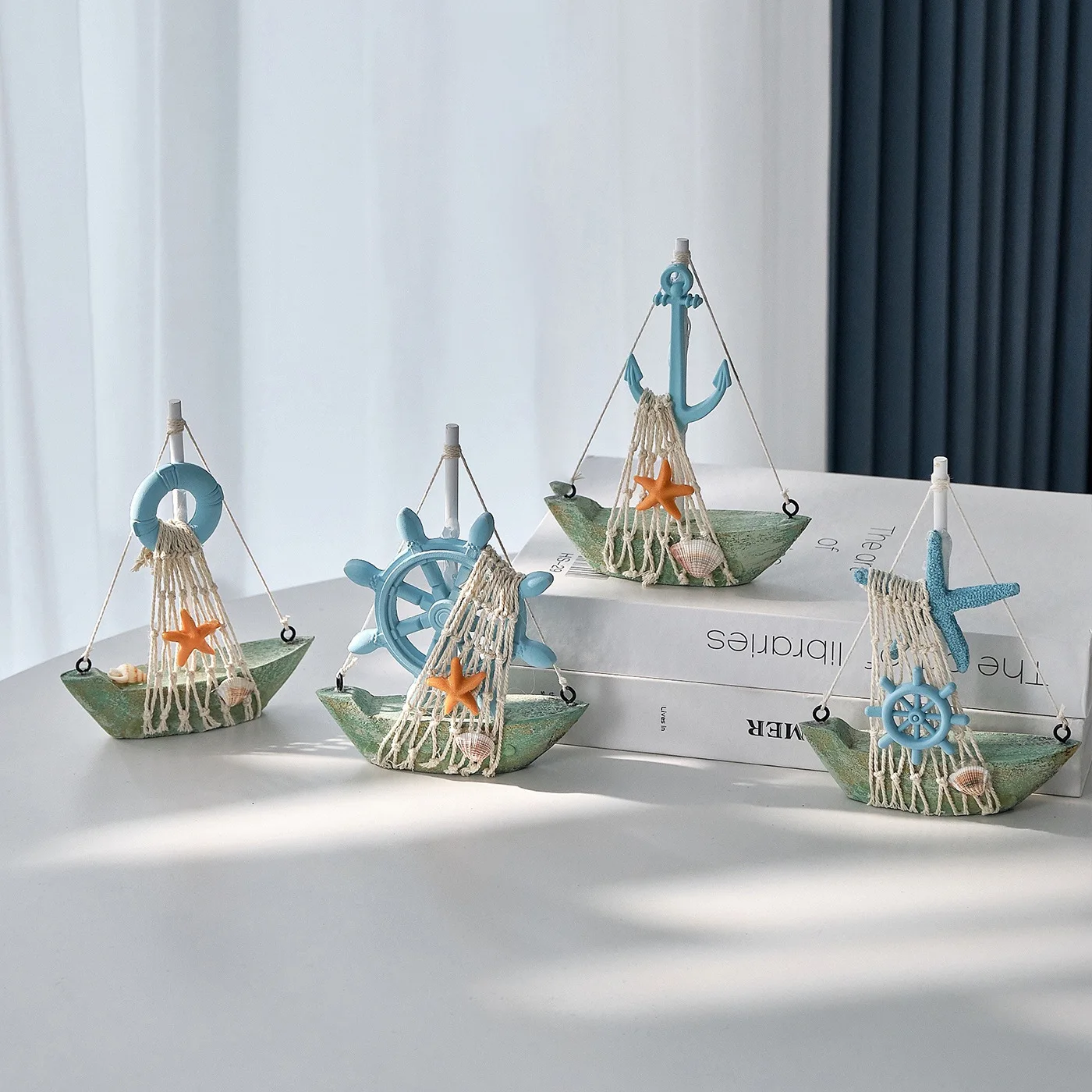 Mediterranean Style Vintage Wooden Sailboat Model - Decorative Nautical Ornament with Anchor, Helm, Starfish & Lifebuoy